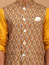 Vastramay Men's Green Printed Cotton Nehru Jacket With Mustard Kurta And White Pyjama Set